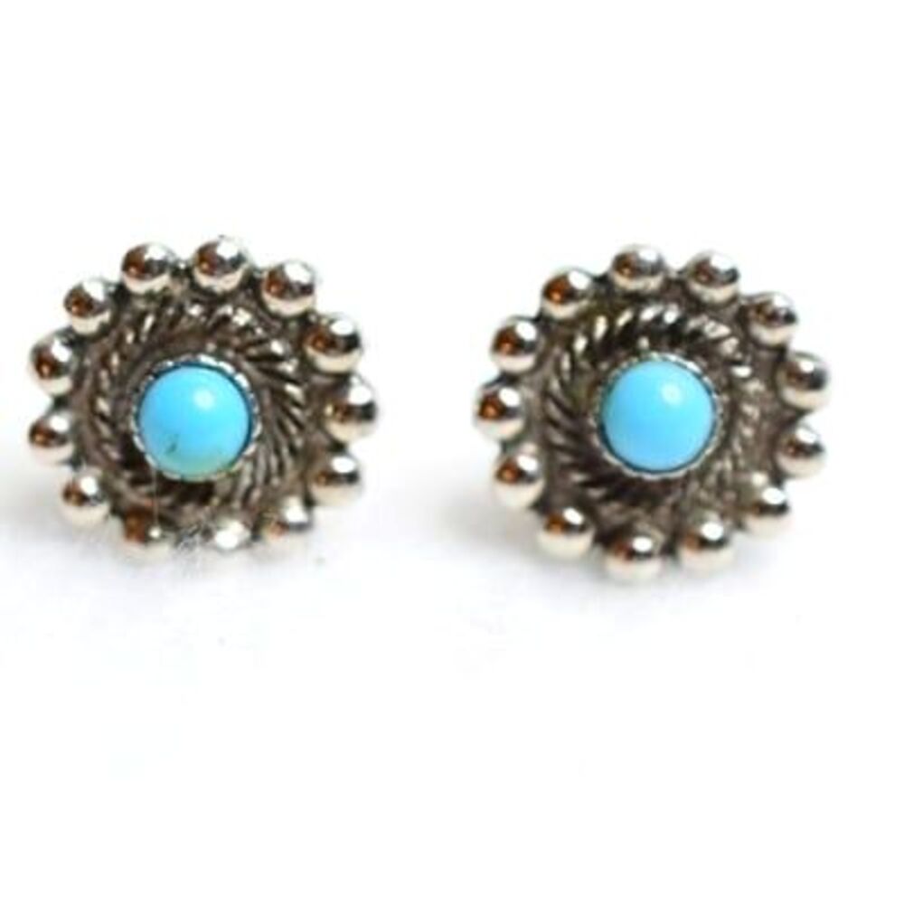 Vintage Pat.# Stamped Turquoise Small Silver Tone Clip On Earrings